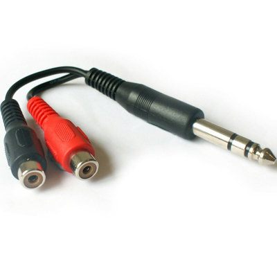 6.35mm 1/4" Stereo Jack Plug to 2 RCA PHONO Female Cable Lead Headphone Adapter