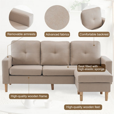 6.5ft 3 Seater Sofa, Multi-functional Toffee Seat with Removable Footrest, Beige