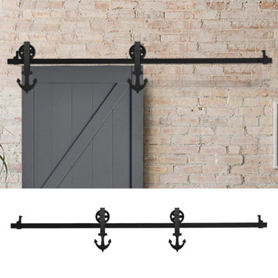 6.6ft Black Rustic Anchor Shaped Steel Barn Door Track System Sliding Hardware Kit, Load Capacity 100KG