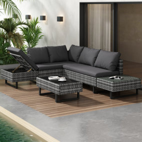6-7 Seater Outdoor Patio Furniture,Lounge Corner Sofa Set with Table Stool, Mixed Grey Wicker with Dark Grey Cushions