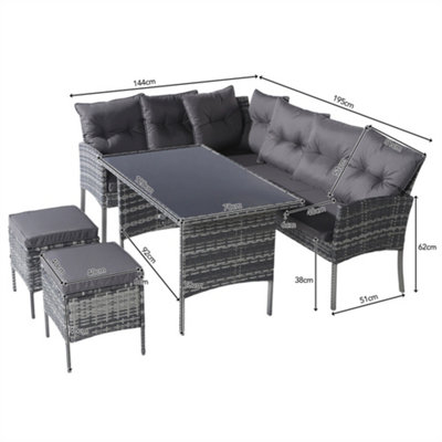 6-7 Seater Outdoor Patio Furniture,Lounge Corner Sofa Set with Table Stool, Mixed Grey Wicker with Dark Grey Cushions