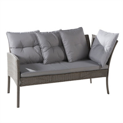 6-7 Seater Outdoor Patio Furniture,Lounge Corner Sofa Set with Table Stool, Mixed Khaki Wicker with Light grey Cushions