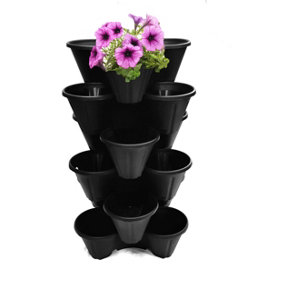 6 Black Strawberry Trio Planter Flower Pot Stackable Plastic Patio Herb Planter