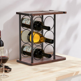 6-Bottle Countertop Wine Rack Wooden Wine Stand Metal Frame with Glass Holder