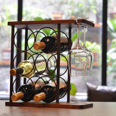 6-Bottle Countertop Wooden Wine Stand Metal Frame with Glass Holder