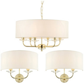 6 Bulb Ceiling Pendant Lamp & 2x Matching Twin Wall Light Modern Brass Plate