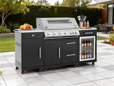6 Burner Gas Grill BBQ with Full Kitchen Set - Fridge and Cover Included