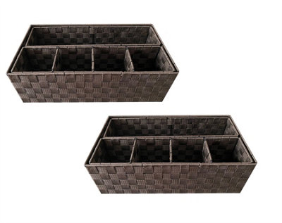 6 Compartment Set Of 2 Woven Storage Box Basket Bin Organiser Divider Home Office Brown, 47 x 24 x 15 cm