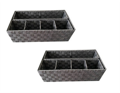 6 Compartment Set Of 2 Woven Storage Box Basket Bin Organiser Divider Home Office Grey, 47 x 24 x 15 cm