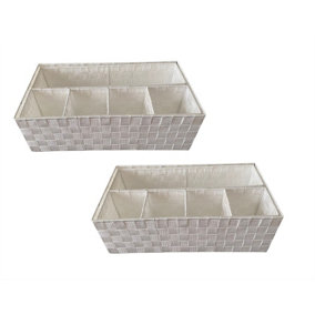 6 Compartment Set Of 2 Woven Storage Box Basket Bin Organiser Divider Home Office White, 47 x 24 x 15 cm