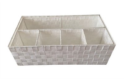 6 Compartment Woven Storage Box Basket Bin Organiser Divider Home Office White,47 x 24 x 15 cm