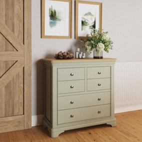6 Drawer Solid Oak Sage Green Chest Of Drawers Ready Assembled