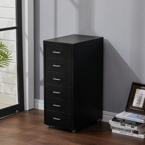 6 Drawers Black Vertical Mobile Metal File Cabinet Bedside Table with Wheels 685 mm