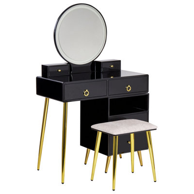 6 Drawers Dressing Table with LED Mirror and Stool Black and Gold YVES