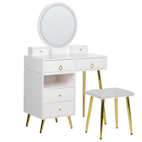 6 Drawers Dressing Table with LED Mirror and Stool White and Gold YVES