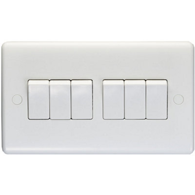 6 Gang Multi 10A Light Switch 2 Way - WHITE PLASTIC Wall Plate Outlet Rocker