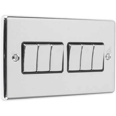 6 Gang Multi Light Switch POLISHED CHROME 2 Way 10A BLACK Trim & Metal ...