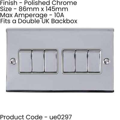6 Gang Multi Light Switch POLISHED CHROME 2 Way 10A GREY Trim & Metal Rocker