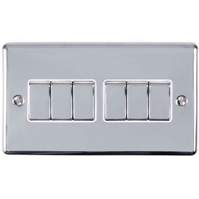 6 Gang Multi Light Switch POLISHED CHROME 2 Way 10A White Trim & Metal ...
