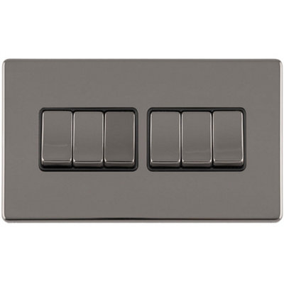 6 Gang Multi Light Switch SCREWLESS BLACK NICKEL 2 Way 10A Metal Rocker Slim