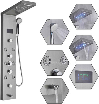 6 in 1 Brushed Nickel Shower Panel with Rainfall Jets Handheld and LED ...
