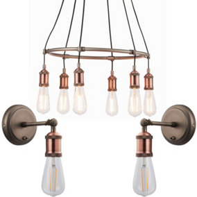 6 Lamp Ceiling Pendant & 2x Matching Wall Light Pack Tarnished Aged Copper Kit