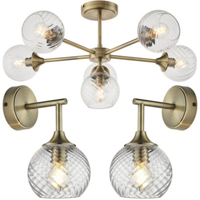 6 Light Semi Flush Ceiling & 2x Matching Wall Lights - Antique Brass Clear Spiral Patterned Shade