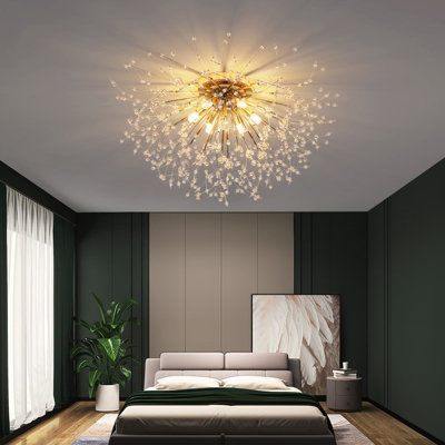 6 Lights Gold Sputnik Dandelion Crystal Flush Mount Ceiling Lights Modern Chandelier Lamp 50cm