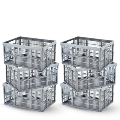 6 Pack 32L Foldable Plastic Storage Crate Box Basket Grey Stackable ...