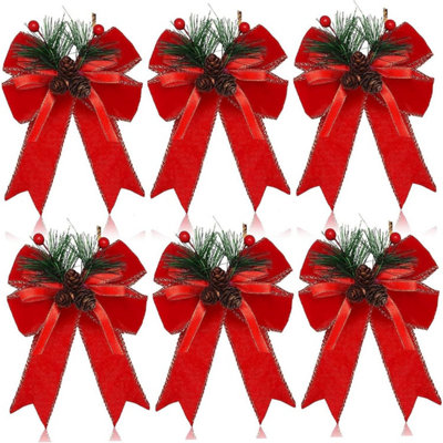 6 Pack Christmas bows with pine cones, needles, red velvet Christmas ...