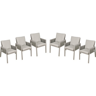 6 PACK Garden Dining Chairs & Armrests - Light Grey Aluminium & Rope - Outdoor