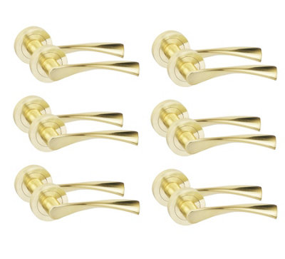 6 Pair Astrid Design Door Handles Satin Brass Finish - Golden Grace