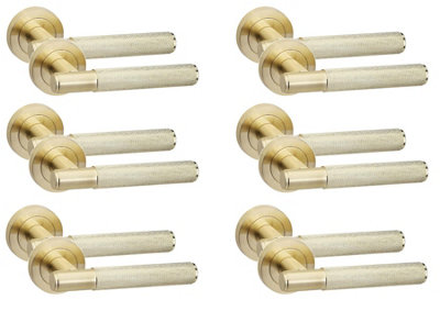 6 Pair Knurled T-Bar Door Handles Satin Brass Finish - Golden Grace