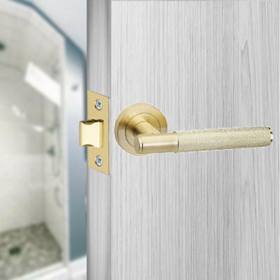 6 Pair Knurled T-Bar Internal Door Handles Satin Brass Finish - Golden Grace