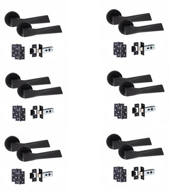 6 Pair Modern Aura Design Matt Black Premium Door Handles Round Rose 3" Ball Bearing Hinges and 2.5" Tubular Latch - Golden Grace
