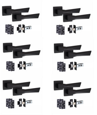 6 Pair Modern Aura Design Matt Black Premium Door Handles Square Rose 3" Ball Bearing Hinges and 2.5" Tubular Latch - Golden Grace