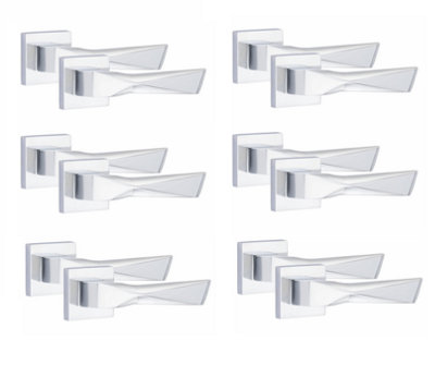 6 Pair Modern Aura Design Polished Chrome Premium Door Handles Square Rose - Golden Grace