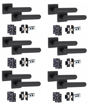 6 Pair Modern Lima Design Matt Black Premium Door Handles Square Rose 3" Ball Bearing Hinges and 2.5" Tubular Latch - Golden Grace Price Comparisons | Compare The Build