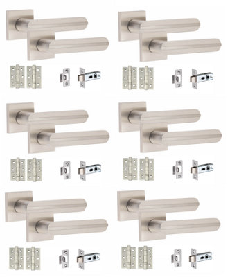 6 Pair Modern Lima Design Satin Nickel Premium Door Handles Square Rose 3" Ball Bearing Hinges and Tubular Latch - Golden Grace