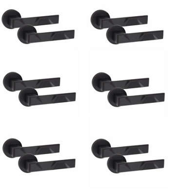6 Pair Modern Nova Design Matt Black Premium Door Handles Round Rose - Golden Grace