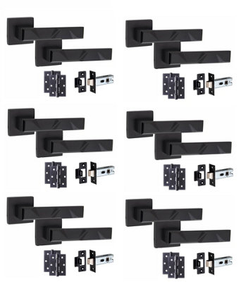 6 Pair Modern Nova Design Matt Black Premium Door Handles Square Rose 3" Ball Bearing Hinges and 2.5" Tubular Latch - Golden Grace Price Comparisons | Compare The Build