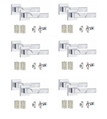 6 Pair Modern Nova Design Polished Chrome Premium Door Handles Square Rose 3" Ball Bearing Hinges and Tubular Latch - Golden Grace