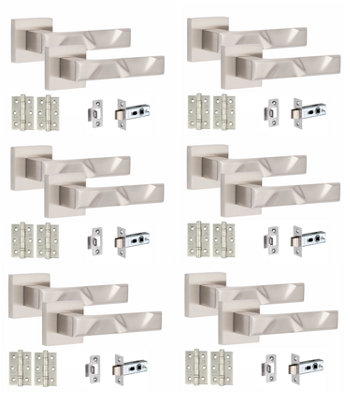 6 Pair Modern Nova Design Satin Nickel Premium Door Handles Square Rose 3" Ball Bearing Hinges and Tubular Latch - Golden Grace Price Comparisons | Compare The Build