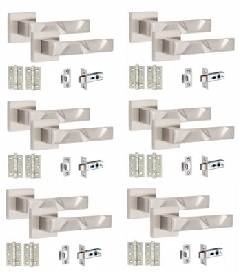 6 Pair Modern Nova Design Satin Nickel Premium Door Handles Square Rose - Golden Grace