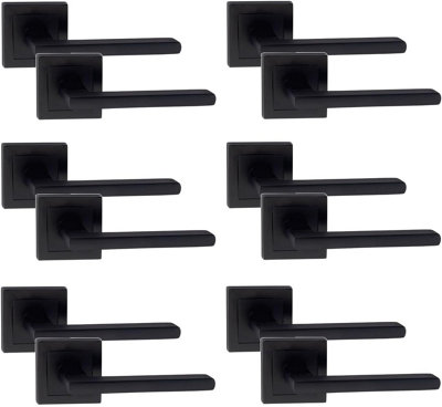 6 Pair of Leon Design Straight Door Handle On Sqaure Rose Latch Door Handles Matt Black with 52mm x 52mm Backplate