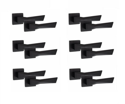 6 Pair Square Aura Design Matt Black Premium Door Handles Square Rose - Golden Grace