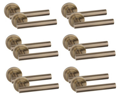 6 Pair Straight T-Bar Design Door Handles Antique Brass Finish - Golden Grace