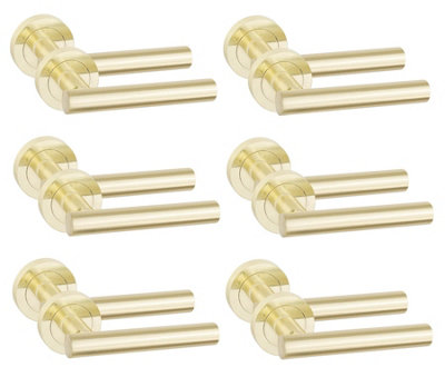 6 Pair Straight T-Bar Design Door Handles Satin Brass Finish - Golden Grace