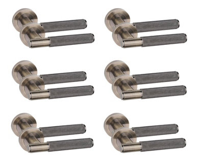6 Pair Straight T-Bar Knurled Door Handles Antique Brass Finish - Golden Grace