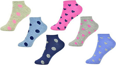 6 Pairs Ladies Heart and Polka Dot Patterned Trainer Socks